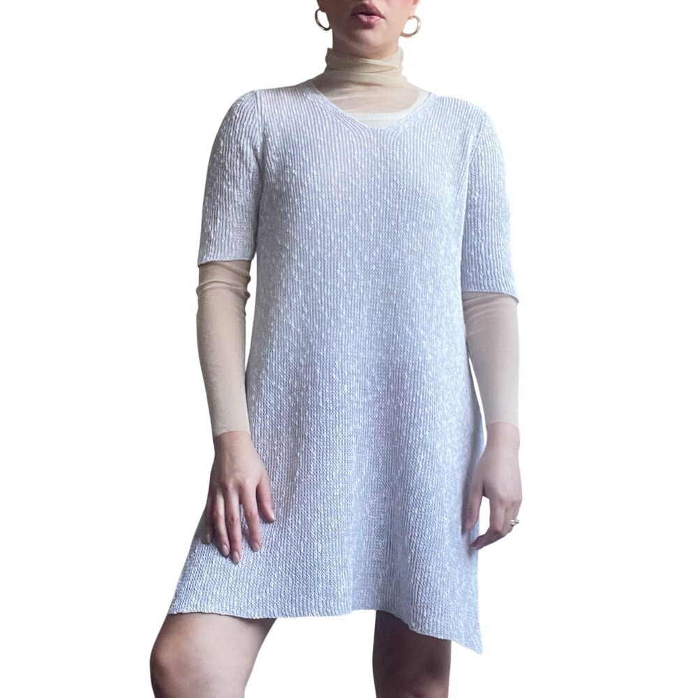 Eileen Fisher Earthy Lagenlook Gray Mesh Knitted Linen Blend Mini Dress